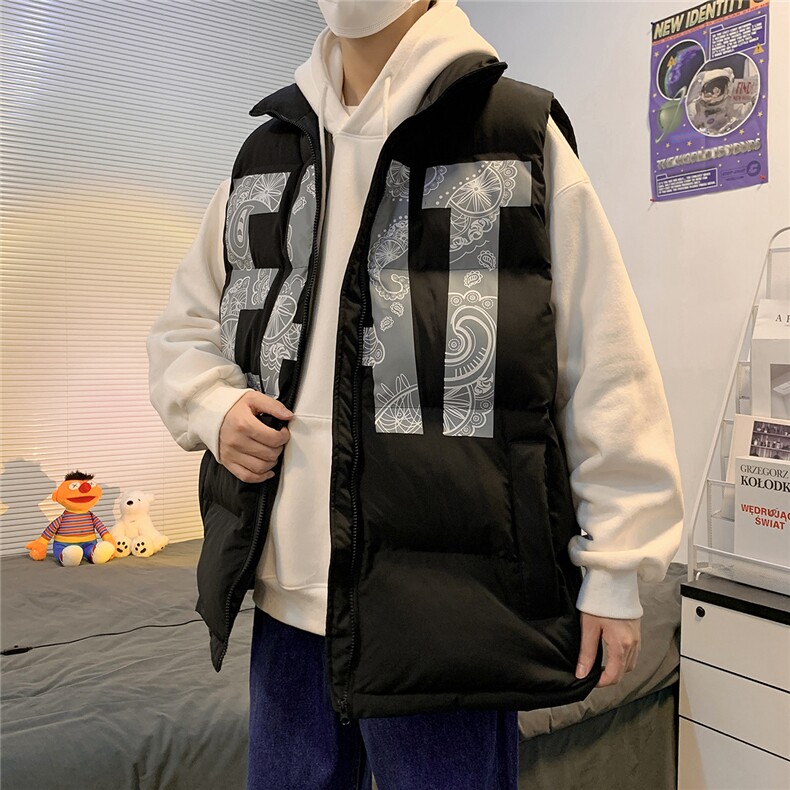 2026秋冬宽松立领印花羽绒棉马甲背心手塞棉MJ17500/P75黑色2,男装背心/马甲,电商A094
