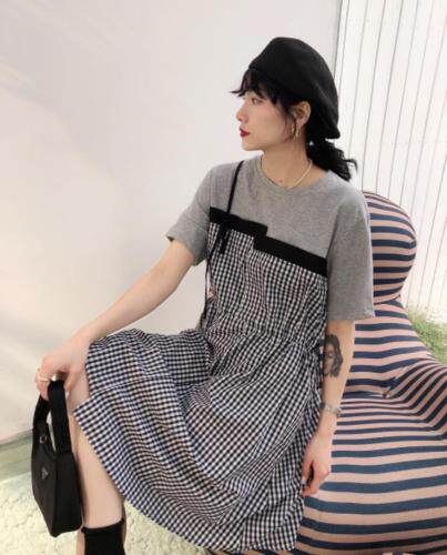 针织拼接连衣裙，女装连衣裙，依纤