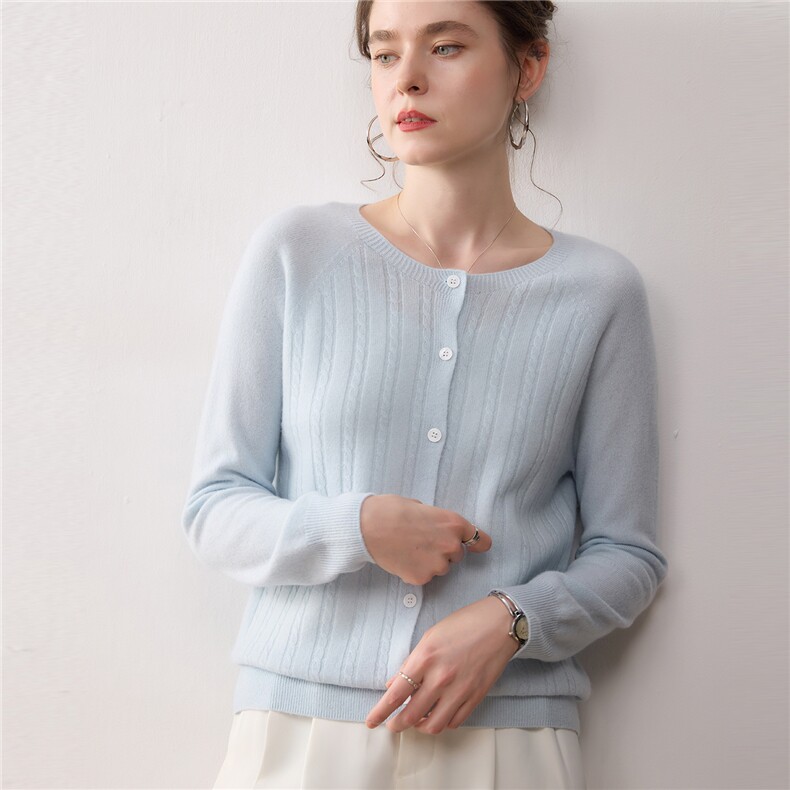 2025秋冬季新款100%纯山羊绒衫女款圆领麻花针织开衫外套针织开衫，女装针织衫/毛衣，暖绒情旗舰店