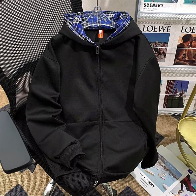 美式假两件连帽格子卫衣开衫cleanfit外套J290P52,男装卫衣,星座1116-2
