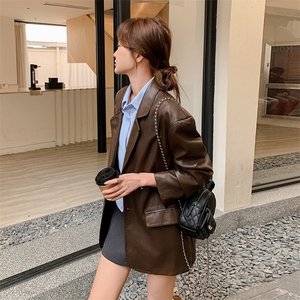 【1C083】春季新品咖色西装皮衣外套女韩版时髦B8615-P125-K258图片