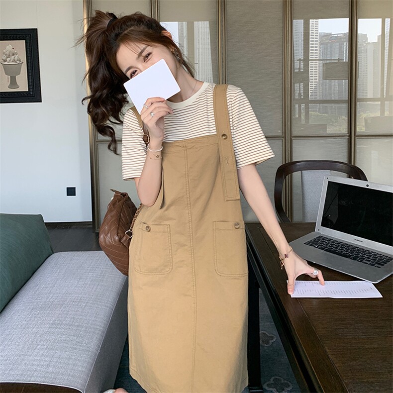 休闲气质卡其色背带裙连衣裙女夏2025新款小个子学院风时尚超好看,女装套装/套裙,2C053