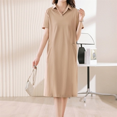 休闲直筒polo连衣裙2024新款气质翻领短袖裙子女夏中长款，女装连衣裙，涵誉