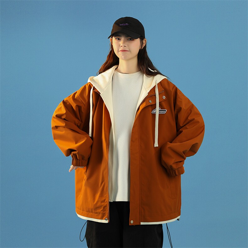 春秋款工装连帽假两件夹克潮流拼色宽松冲锋衣外套JK8310-P65,男装夹克,电商B306