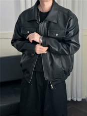 现货短款机车皮衣外套男宽松休闲痞帅皮夹克A351-AP2468-P105，男装夹克，电商A351