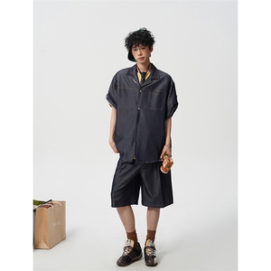 8XL-M 夏季简约高级感冰丝牛仔古巴领男休闲痞帅宽松套装潮TZ109图片