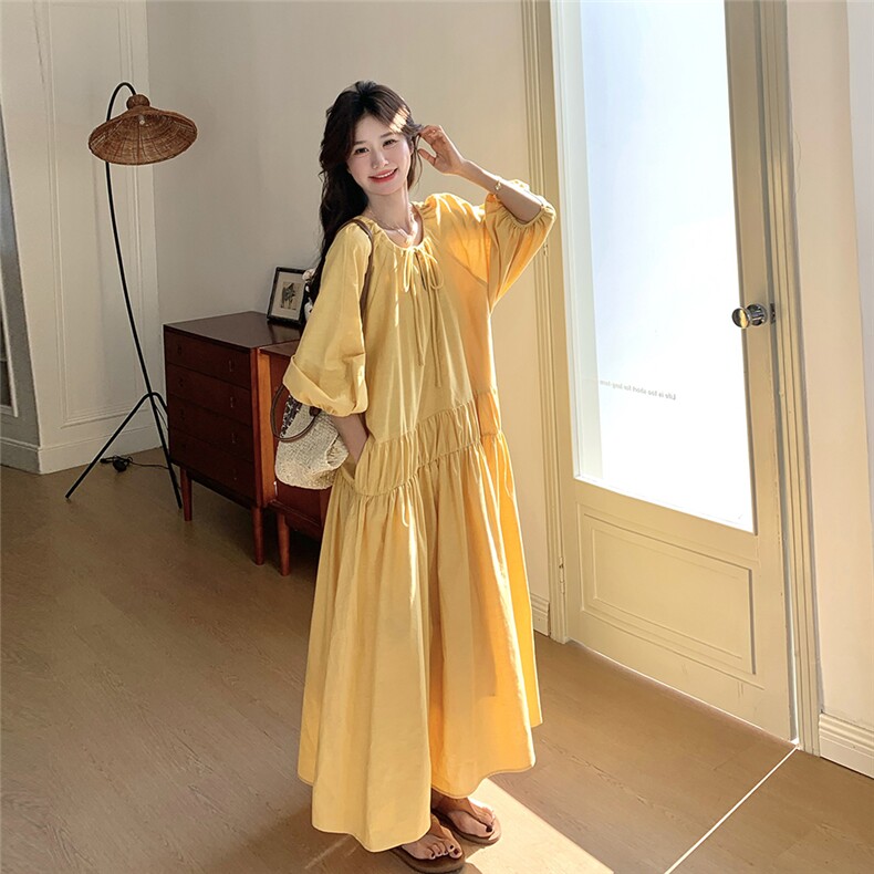 法式黄色灯笼袖连衣裙女春夏2025新款高级感绝美宽松清纯系松弛感,女装连衣裙,2D041