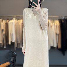 羊毛针织马甲连衣裙女V领无袖套头中长款背心JN2335，女装连衣裙，江南羊绒
