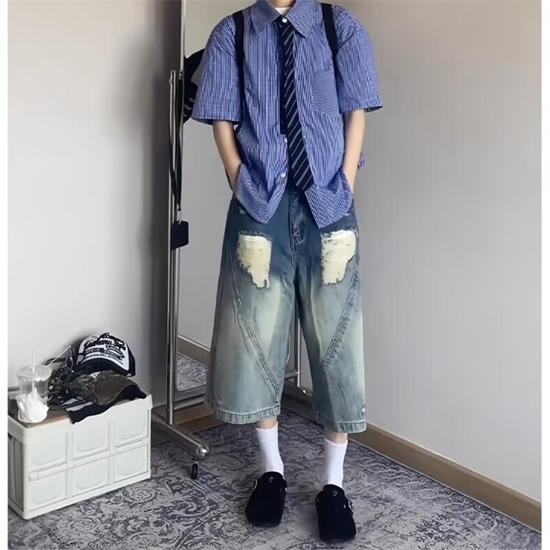 美式复古水洗破洞牛仔短裤男夏季新款阔腿七分裤子高街宽松直筒裤图片