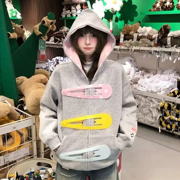 卫衣外套女春秋新款设计感发夹宽松灰色开衫拉链连帽长袖上衣,女装短外套,星座601-1