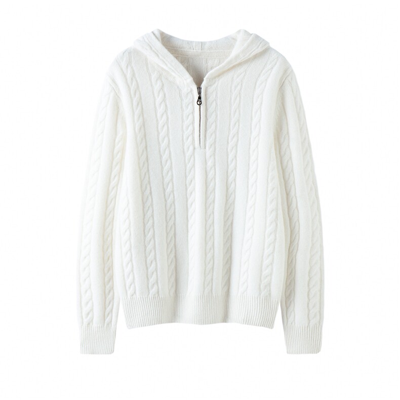 2025年秋季长袖时尚百搭通勤简约休闲绞花半拉链帽衫，女装羊绒衫，泰盈纯羊绒