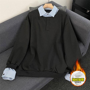 重磅加绒硬挺boxy男女美式高街假两件衬衫领长袖卫衣POLO领打底衫,男装T恤,电商A486-1