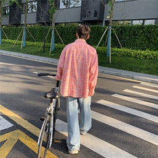 日系cityboy复古长袖衬衫男秋季潮流设计感小众粉色格子衬衣外套，男装衬衫，电商B413-1