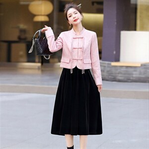现货新款春秋装复古新中式盘扣外套连衣裙女装气质可组合套装裙，女装套装/套裙，韩美纤衣