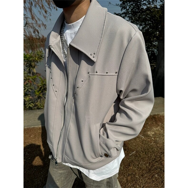解构廓形翻领工装夹克男装休闲铆钉垫肩外套设计感潮JKH03，男装夹克，星座516A