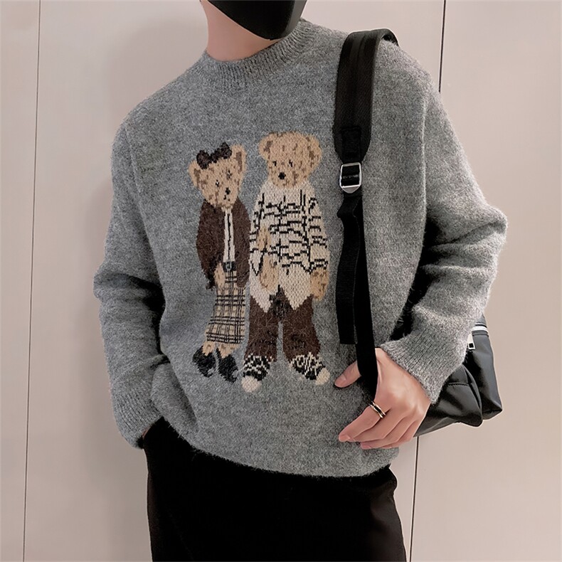 LV292/P88控118慵懒风男士毛衣外套百搭休闲潮牌小熊针织衫灰首1图片