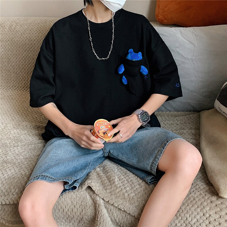 1港风休闲运动情侣大码M-5XL嘻哈网红小熊圆领短袖DT7745P55控78，男装T恤，星座226-2