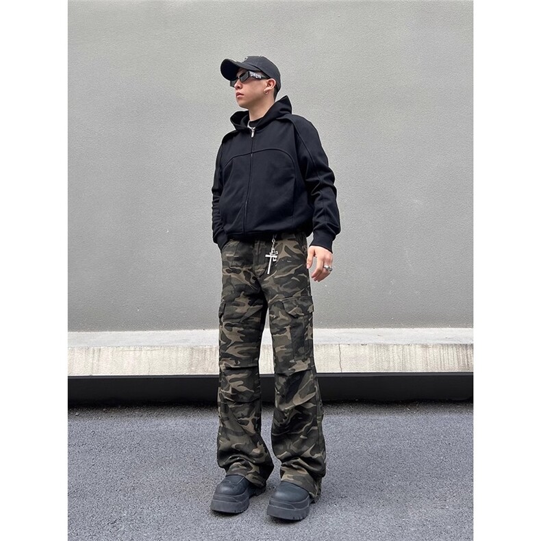潮流美式复古褶皱多口袋迷彩工装裤男设计感显瘦直筒微喇叭裤子,男装牛仔裤,星座506A