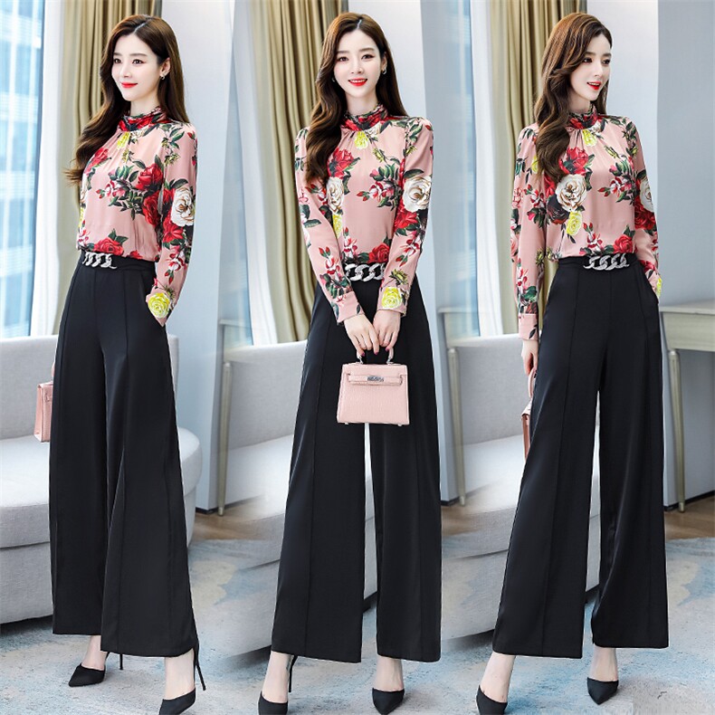 2021春装新款时尚修身印花阔腿裤套装,女装套装/套裙,天丝秀