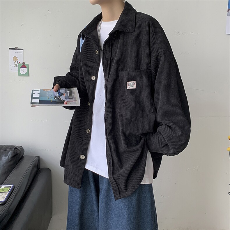 秋冬日系复古灯芯绒加绒加厚长袖衬衫外套港风保暖潮男H222/P65,男装衬衫,钱塘713