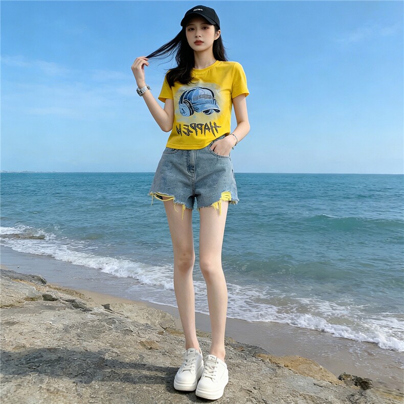潮流休闲时尚运动套装女夏季新款圆领烫钻印花短袖牛仔短裤两件套,女装套装/套裙,江南