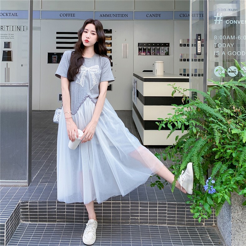 灰色网纱拼接短袖连衣裙女2025夏季新款法式甜美减龄小个子T恤裙,女装连衣裙,2C283