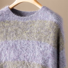 2025年秋季套头时尚百搭通勤简约休闲圆领紫灰条纹套头，女装羊绒衫，致织羊绒