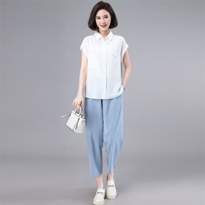 时尚套装女2023夏季新款天丝上衣休闲裤搭配一整套中年妈妈两件套,女装套装/套裙,奕阳依阁