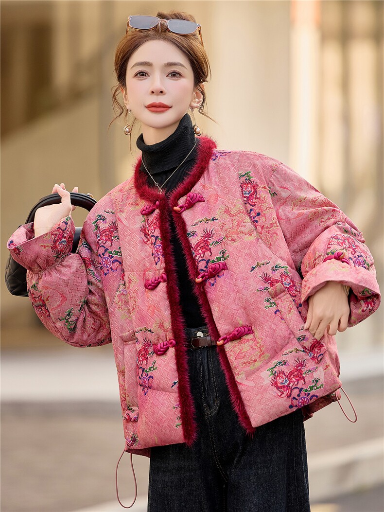 《欧货bao款现货》新中式100仁丝高档提花面料90羽绒服真水貂毛,女装羽绒服,众宇琦