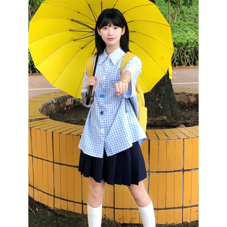 蓝色泡泡纱短袖衬衫男女夏季设计感纽扣格子衬衣休闲情侣外套,男装T恤,星座506A