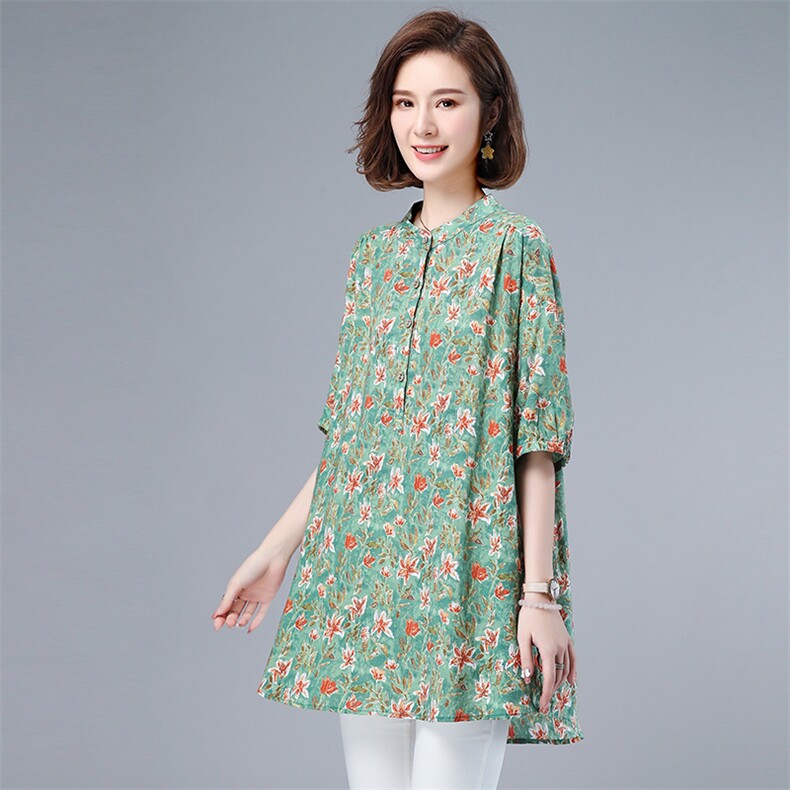 衬衫女中袖2021新款气质衬衣套头时尚直筒碎花,女装衬衫,悦见她
