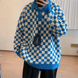 棋盘格毛衣男女针织衫秋冬季ins日系复古POLO领M191P45图片