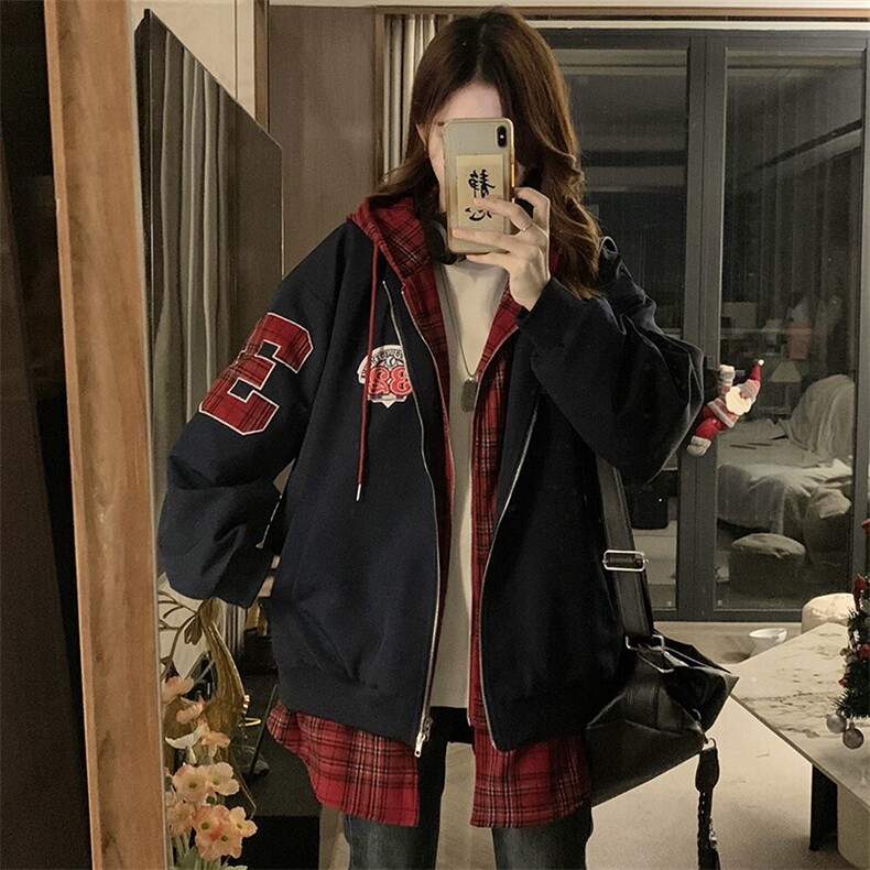 C947-P100复古假两件连帽潮牌假两件外套女2025春秋新款情侣夹克,男装棉衣,星座911-2(原星座613-2）