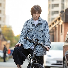春季牛仔外套男女潮牌提花翻领夹克韩版宽松印花休闲上衣3731/75，男装夹克，星座506