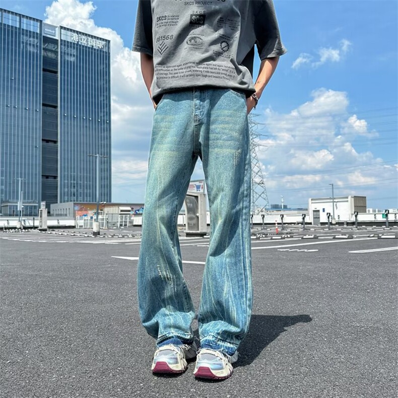痕牛仔裤男cleanfit美式街头潮牌直筒宽松垂感微喇长裤RK3039-P47,男装牛仔裤,星座412-1