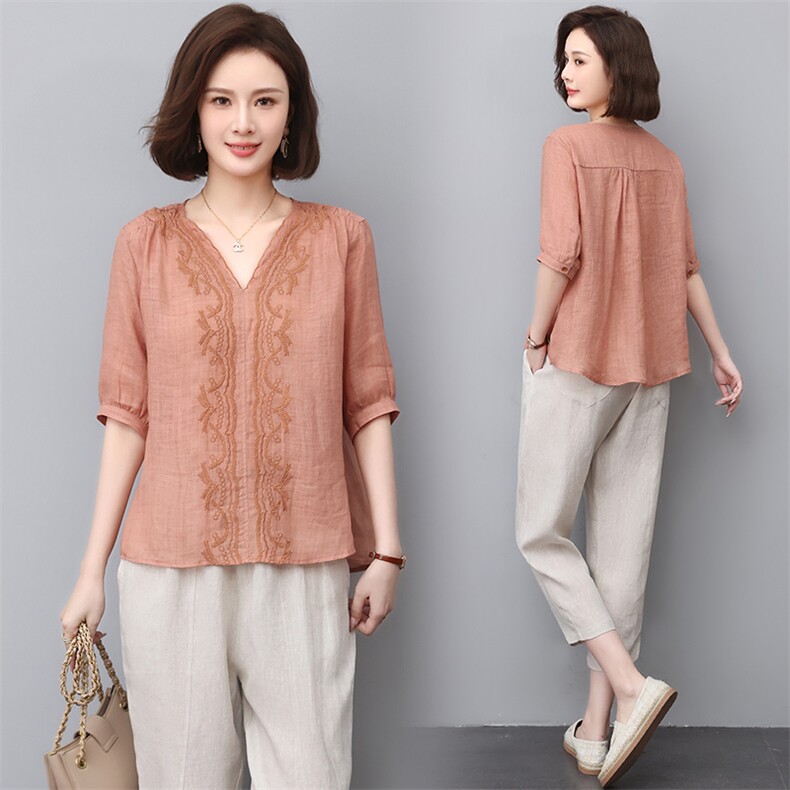 棉麻上衣女夏季高端苎麻衬衫2022年新款妈妈V领衬衣大码亚麻小衫，女装T恤，江忆布依