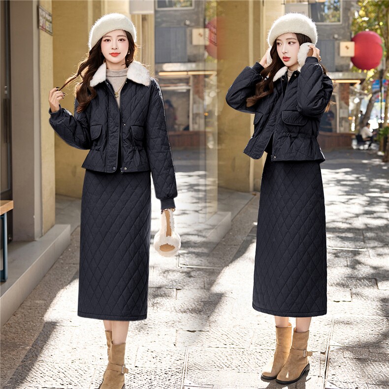 带毛领羽绒套装2025冬新款高级感减龄菱格羽绒服外套半身裙两件套，女装套装/套裙，流量+