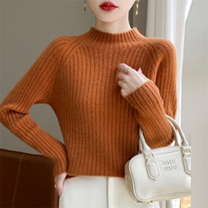 25秋冬100%纯羊毛衫女一线成衣坑条半高领加厚毛衣宽松羊绒衫上衣，女装羊毛衫，九嘉羊绒
