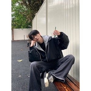 假两件连帽拼接pu皮外套男女春秋季宽松潮流百搭上衣情侣Y7317图片