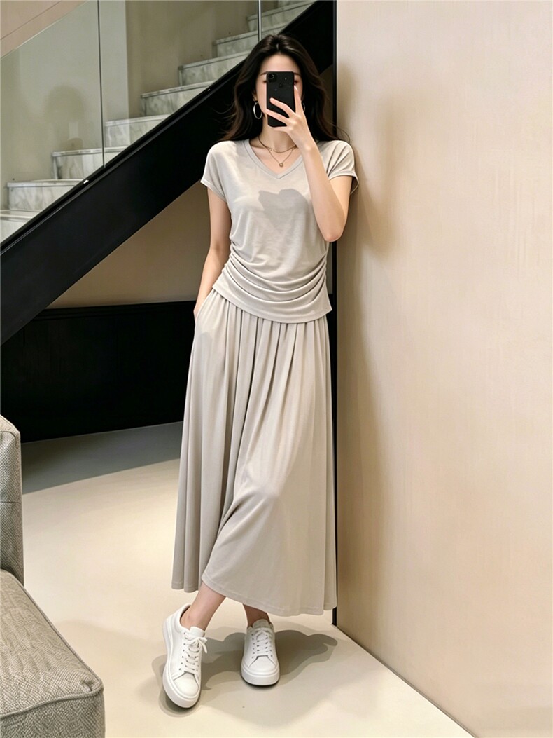 时尚气质套装裙女夏新款圆领褶皱设计感短袖上衣半身长裙两件套潮,女装套装/套裙,江南