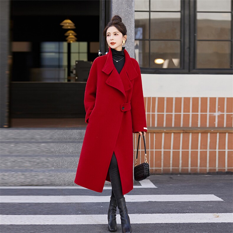 美拉德双面羊绒大衣女中长款2023冬新款立领本命年红色羊毛呢外套,女装双面呢大衣,乐吉娜