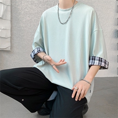 现货A059-7822-P38控58夏季高品质冰丝短拼色宽松大码T恤短袖，男装T恤，电商A059
