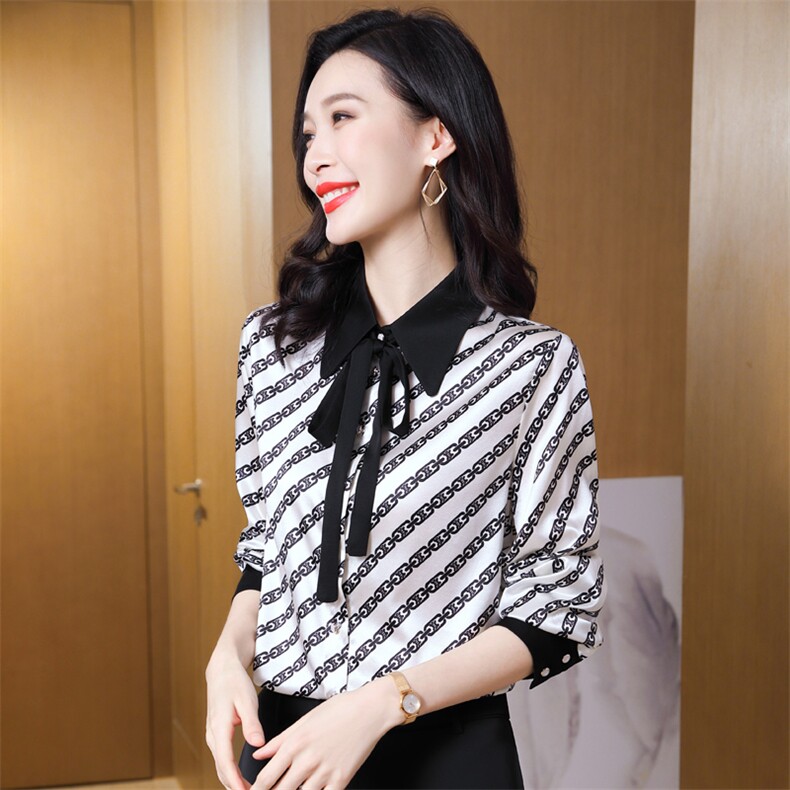 气质系带重磅真丝衬衫女2026春新款撞色拼接真丝条纹上衣A3555图片