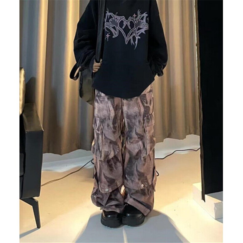 港风褶皱复古工装裤男迷彩街舞嘻哈多口袋宽松阔腿休闲裤KY1630,男装休闲裤,星座1116A（原606A-3）