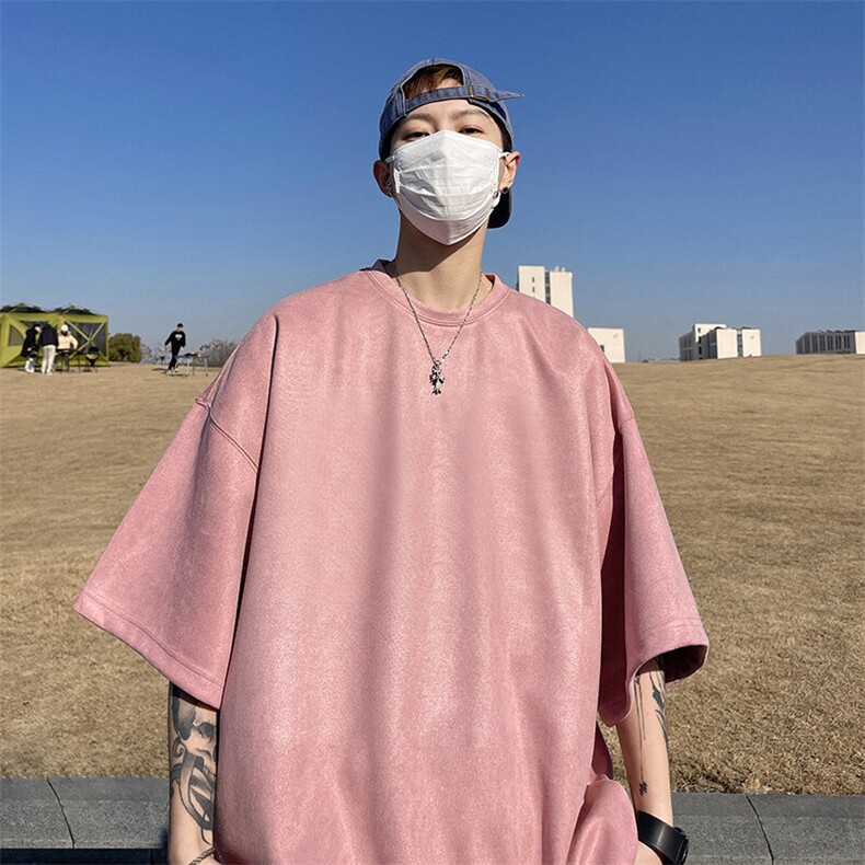 抖音得物直播高品质二开240克美式高街麂皮绒光版纯色短袖t恤12.5,男装T恤,电商A486