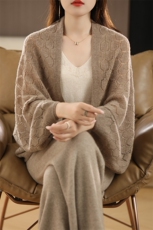 秋冬100%纯羊绒针织大披肩减龄开衫菱形镂空慵懒羊毛针织纯色外套，披肩，狄美羊绒