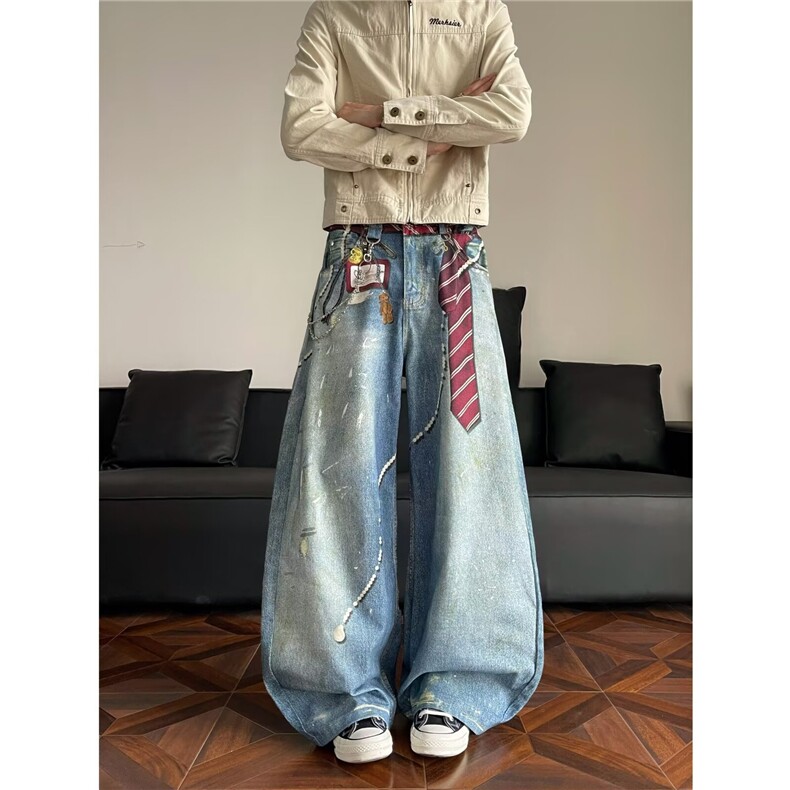 美式复古水洗做旧泼墨牛仔裤女宽松显瘦阔腿裤弯刀裤N8210-P58，男装牛仔裤，星座308B-2