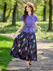 紫色印花套装女夏新款短袖衬衫半身裙高级感洋气穿搭两件套，女装套装/套裙，水衣源