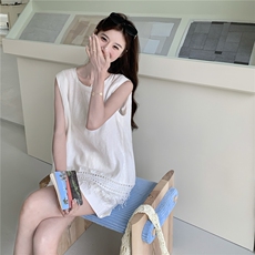 白色休闲简约流苏无袖背心套装女2025夏小个子时尚减龄短裤两件套，女装套装/套裙，2C166