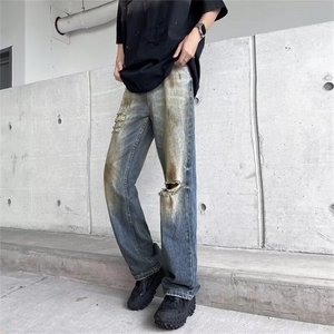 DT1718-P50新款牛仔裤男潮牌直筒阔腿裤男生美式潮牌休闲裤子男图片
